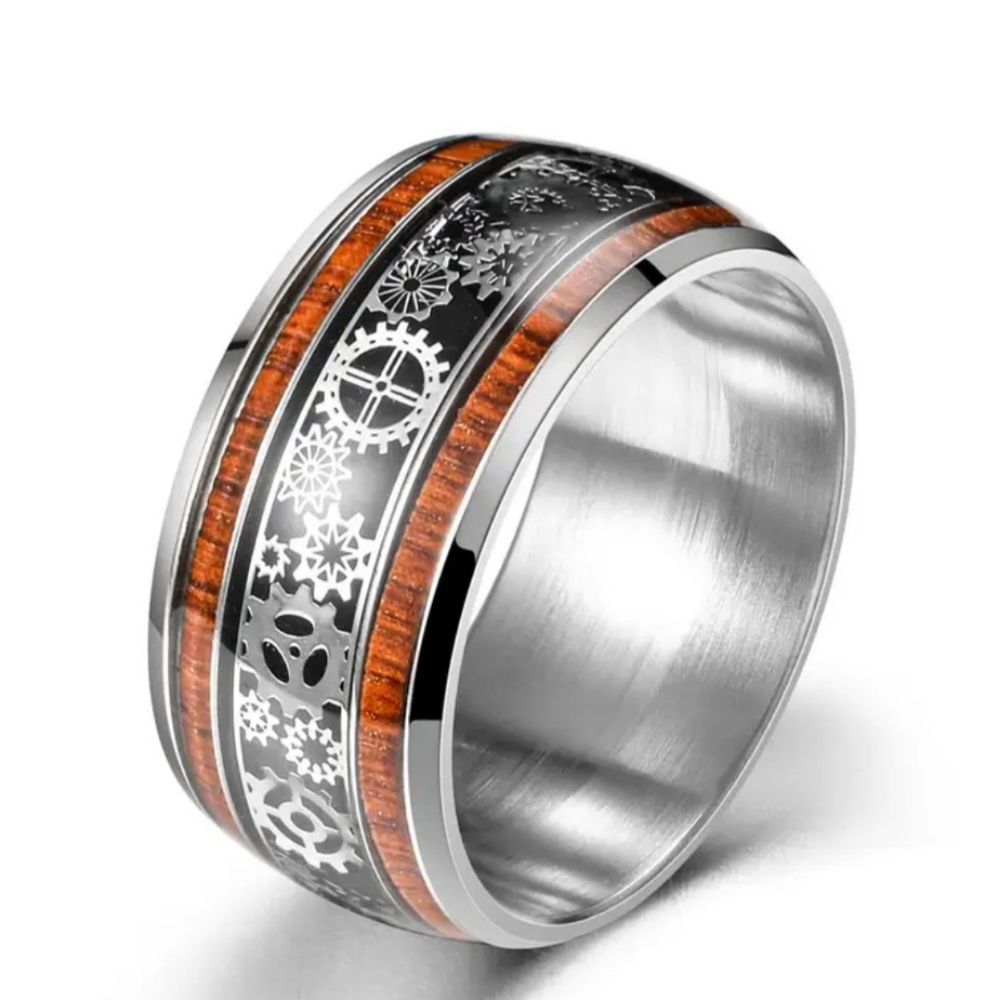 COPY - New Stainless steel woodgrain 8mm Steam punk gears ring